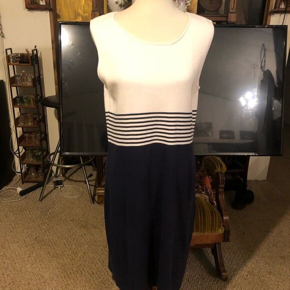 Jessica Holbrook Easy Care Navy Blue & White Striped Sleeveless Sweater Dress Si - Picture 8 of 16